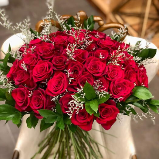 60 Red Roses with Limonium and Ruscus Arrangement