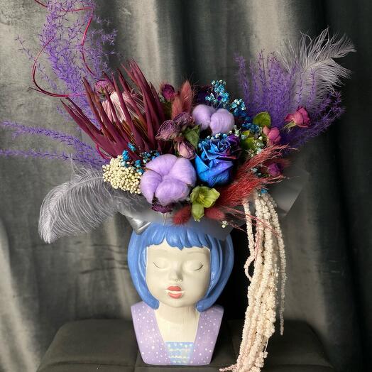 Композиция «Мальвина» в кашпо из гипса ручной работы