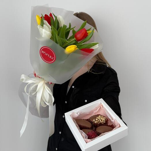 Комбо 9 тюльпанов микс и 4 финика в шоколаде