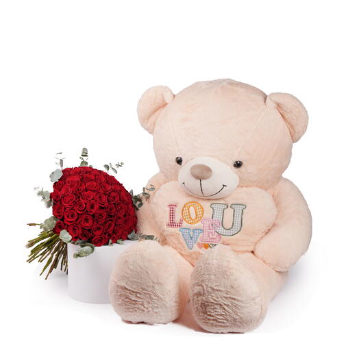 50 Roses Bouquet with Big Teddy Combo