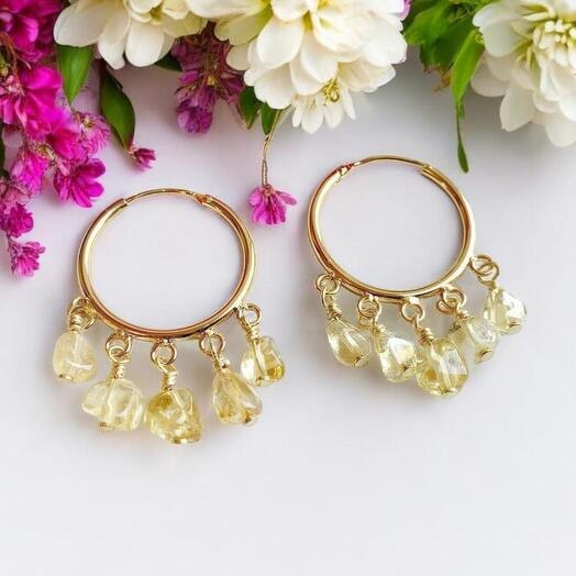 Citrine gemstone gold hoop earrings