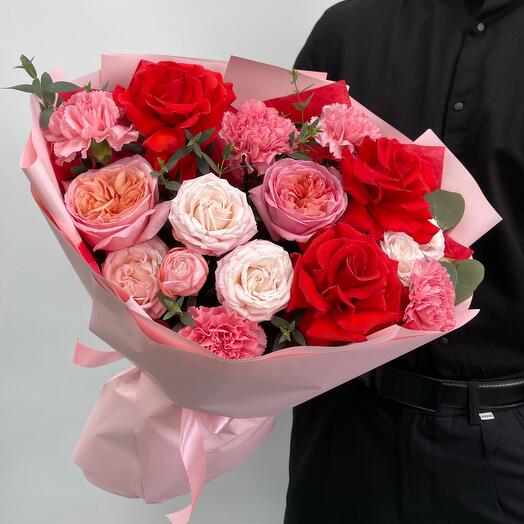💋Beso de aire-ramo de rosas francesas, rosas peonías y Dianthus