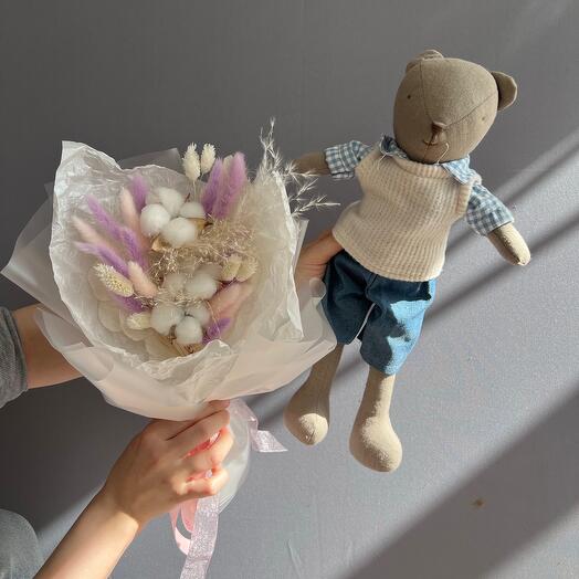 Букет сухоцвет+зайка ручной работы 💞