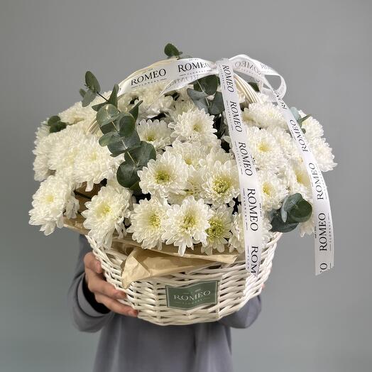 Корзина с белоснежными хризантемами