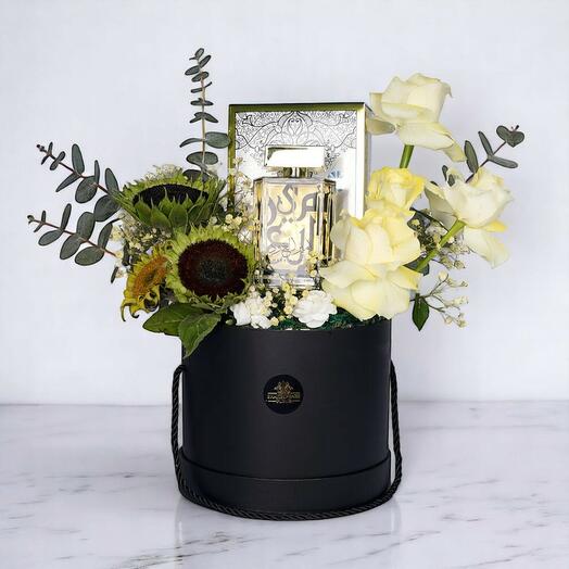 Amir Al Oud Perfume Gift with Sunflowers   White Roses – Luxury Floral Box by Shakespeare Fleur
