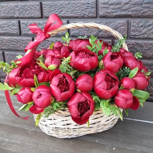 Бордовые пионы в корзине