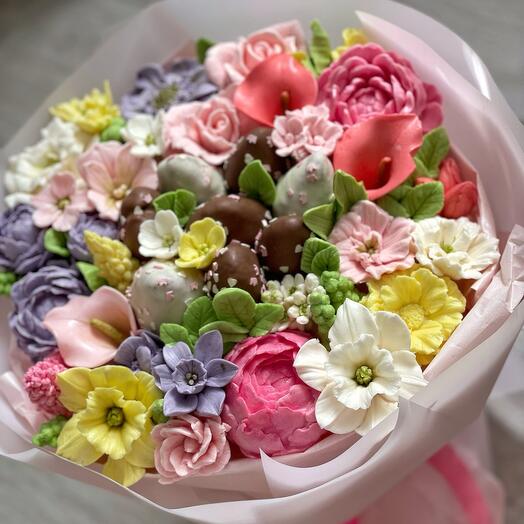 Букет Ассорти из клубники в шоколаде и зефира ручной работы на день рождения, праздник, торжество , диаметр 28 см