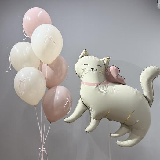 Нежный сет "Кошка" для девочек, фольгированная фигура и фонтан из 6 шаров