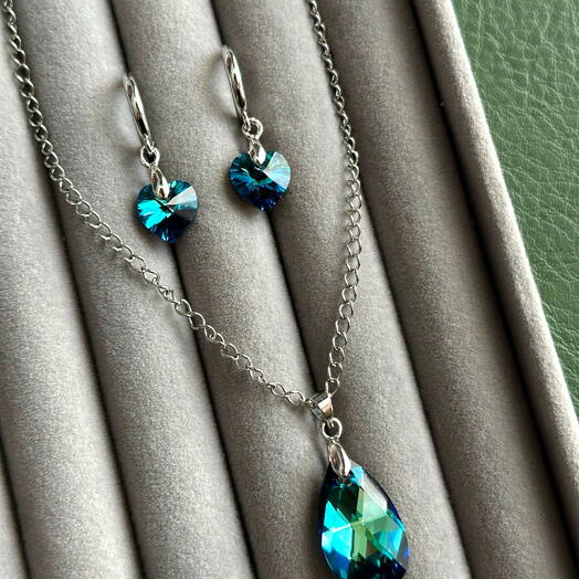 Комплект серьги конго и подвеска-капля с кристаллами Swarovski Bermuda Blue
