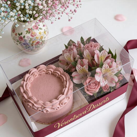 Бенто торт на 8 марта в стиле ламбет с мини букетом💐