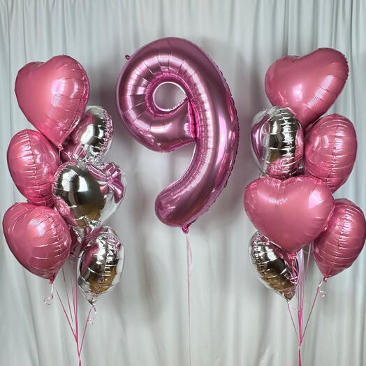 (НА ВЫБОР) Воздушные шары с цифрой розовые сердца. (ON CHOCE) helium balloons pink with number hearts