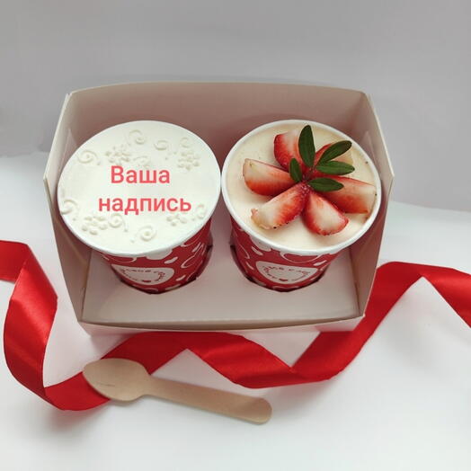 Торт в стакане, Ваша надпись, с клубникой. Вишня-шоколад и красный бархат