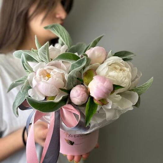 Букет из 7 пионов Gardenia и стахиса в шляпной коробке