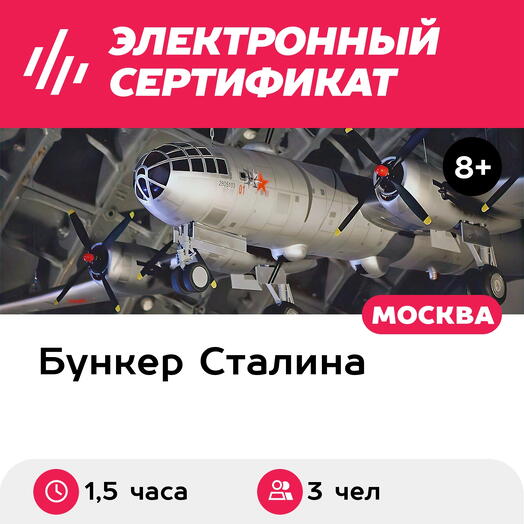 Подарочный сертификат Экскурсия Бункер Сталина, 1 взрослый и 2 детей в группе, 1,5 часа