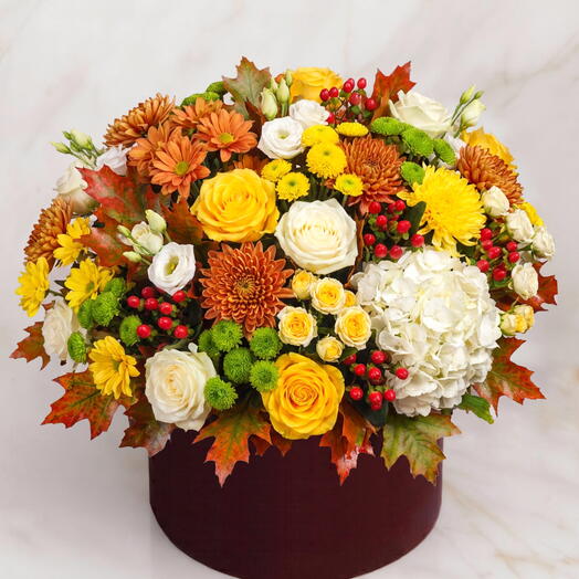 Осенняя коробка с цветами: роза, хризантемы, гортензия и эустома 🌼🍁