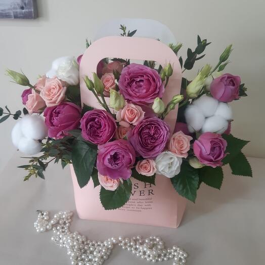 Composition with peony roses and cotton
