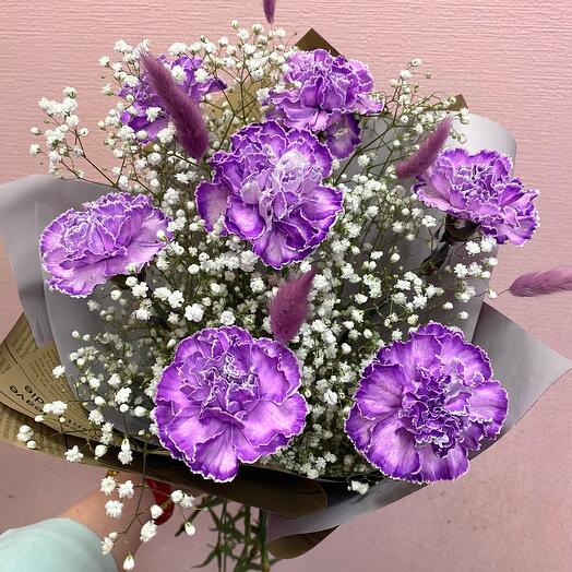 Moon bouquet of carnations with gypsophila