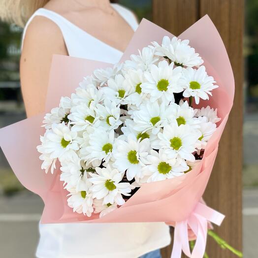 Bouquet of chrysanthemums in a delicate package