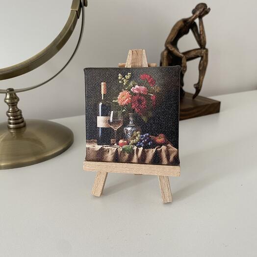 Мини мольберт с натюрмортом из цветов фруктов и бокала