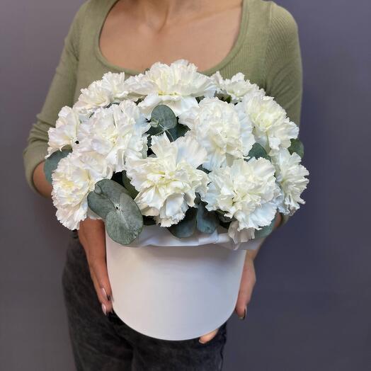 A box of white Dianthus and eucalyptus