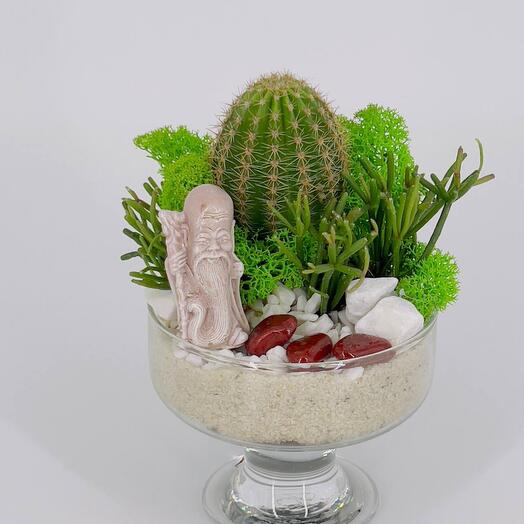 Флорариум на ножке с кактусом и фукурукудзю из слоновой кости