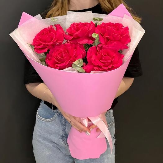 Raspberry French roses with eucalyptus