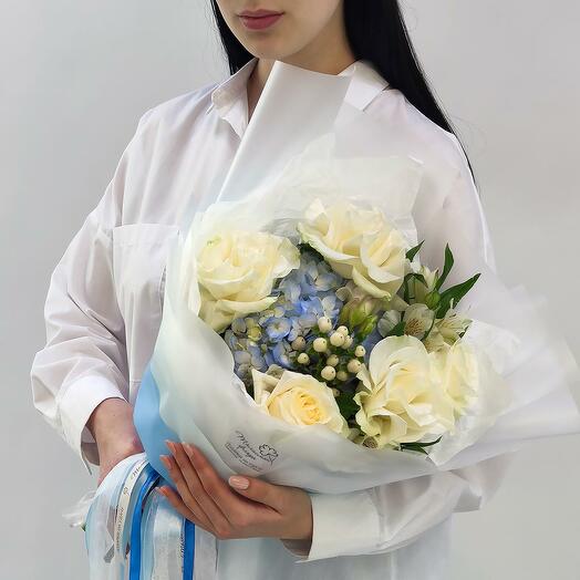 Heavenly gaze bouquet of white roses and hydrangeas