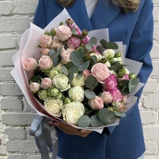 Bouquet of bushy peony-shaped roses with eucalyptus
