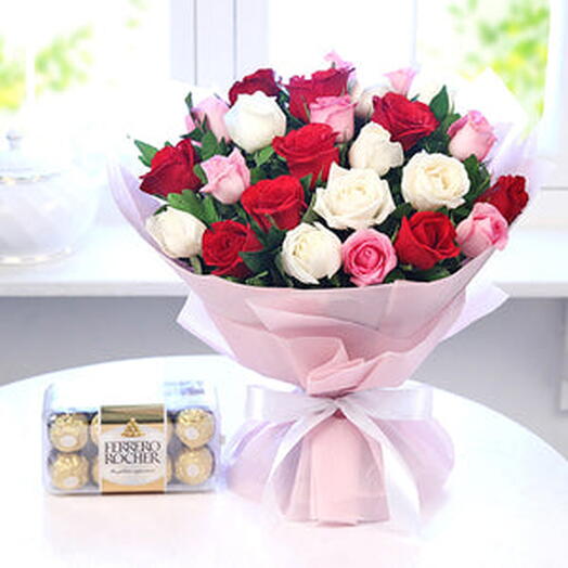 Bunch of 25 Mix Roses with Box of Ferrero Rocher Chocolate