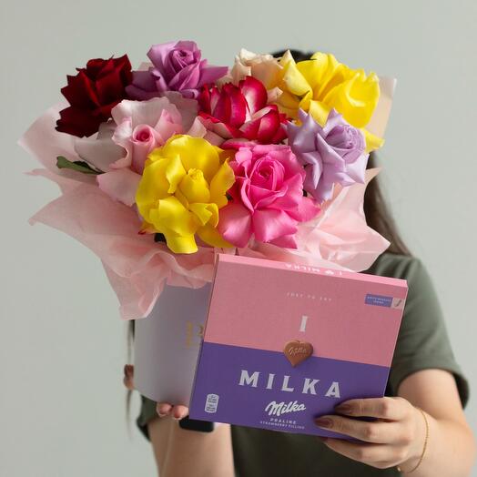 Комбо: бокс 9 ажурных роз+ Milka