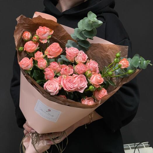 Bouquet of Madame bombastic with eucalyptus