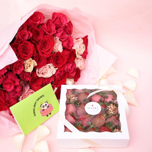 Set of Choco Strawberries and Fresh Roses