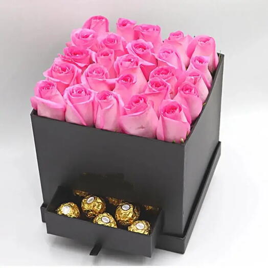 Black Box of Love: 25 Pink Roses with Ferrero Rocher | Elegant Floral Gift