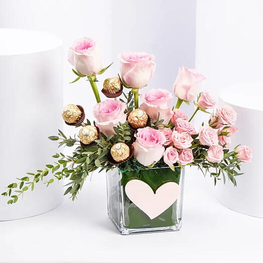 Gentle Pink Roses And Rochers | Sweet Indulgence Bouquet