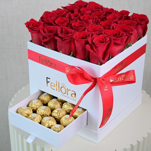 Red Rose And Ferrero In White Box - 3802