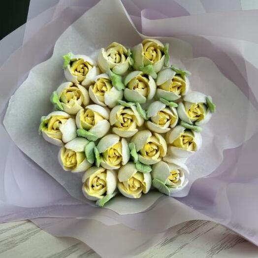 Букет зефирных тюльпанов (19 шт., желтые цветы, сиреневая упаковка)