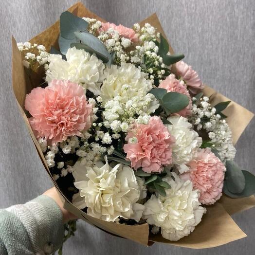 Bouquet of 13 dianthuses, gypsophila, eucalyptus