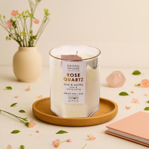 Scented candle with rose quartz. Scented candle with rose quartz