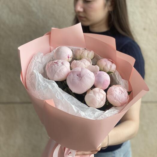 9 нежно-розовых пионов букет