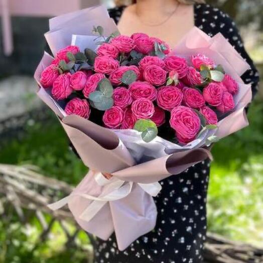 🌷Букет «Моя Любовь» из кустовых пионовидных роз с доьавокнием эвкалипта