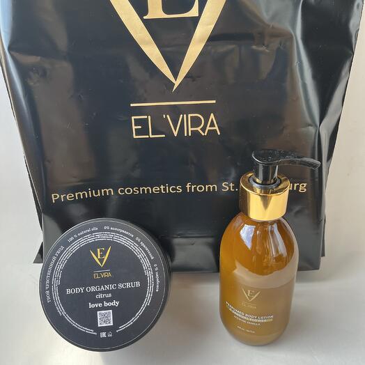 Подарочный набор премиум косметики ELVIRA лосьон для тела Jasmine vanilla и скраб citrus в подарочном пакете