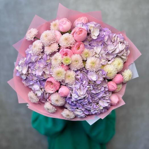 💕Пионовидные Розы, Гортензии, помпоны. Дофаминовый букет цветов для любимой на День рождение 💓