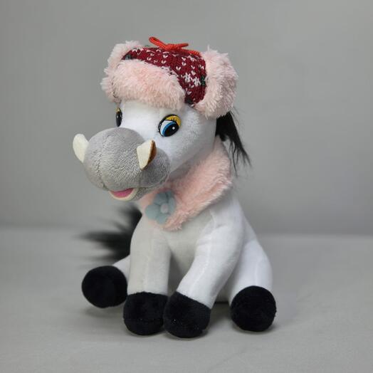 Мягкая игрушка Лошадь белая в шапке