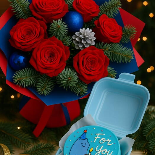 Хвойный букет с розами и бенто тортом Новогодний бенто тортик торт new year ванильягоды