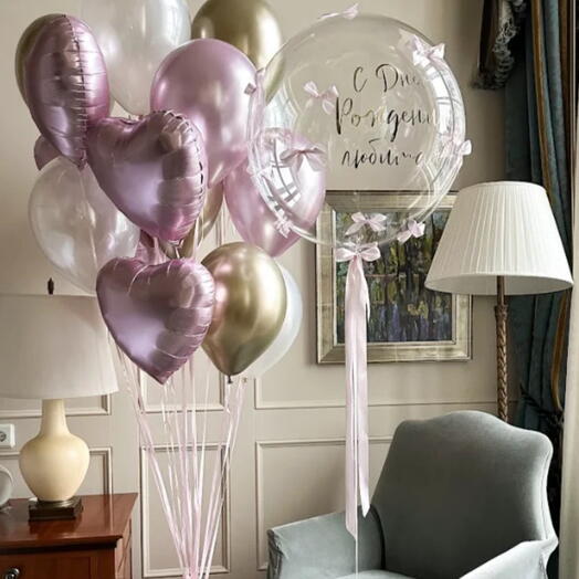 Шары с надписью – шар Bubble (баблс) с бантиками + фонтан из шаров сердца, набор 18 шаров