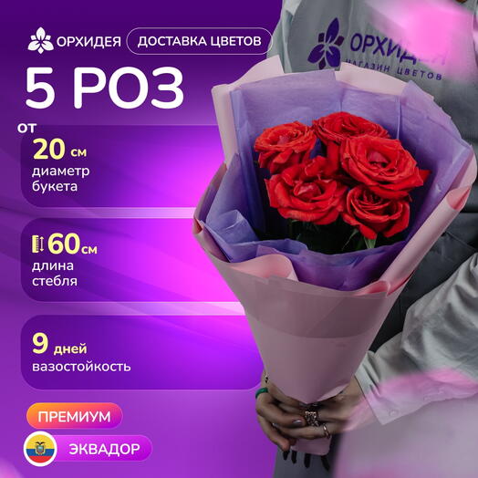 5 алых роз "Роял"