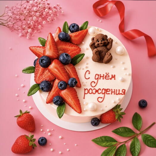 Торт с медвежонком на день рождения с ягодами