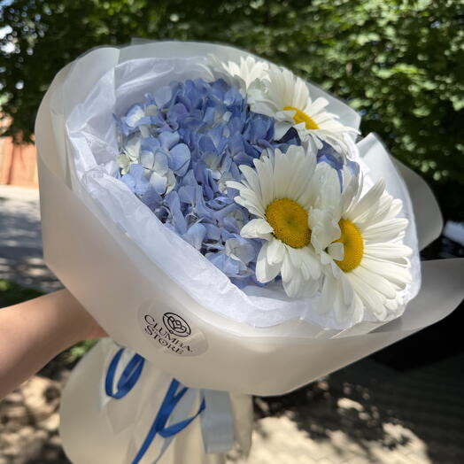 Голубая гортензия и ромашка