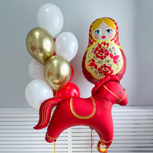 Воздушные шары в русском стиле "Лошадка красная и Матрёшка". Сет 2405