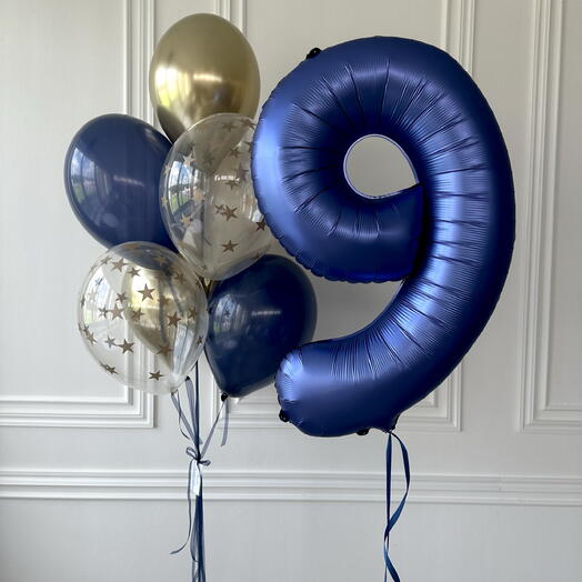 Шары с гелием на день рождения 9 лет с синей цифрой и звездами 5623